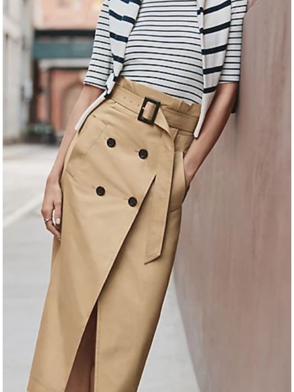 LOFT Tan Wrap Midi Skirt with Belt and tortoise button Accents
